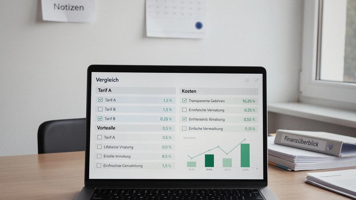 Vergleichsübersicht zu Wallets und Brokern auf einem Laptop, mit neutralen Charts und Checklisten